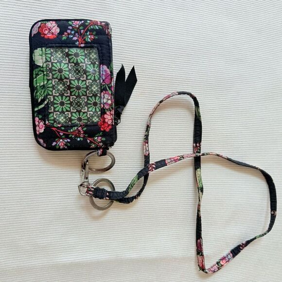 Vera Bradley Floral ID Card Holder Keyring Mini Wallet Quilted Black Boho Travel - Picture 2 of 2